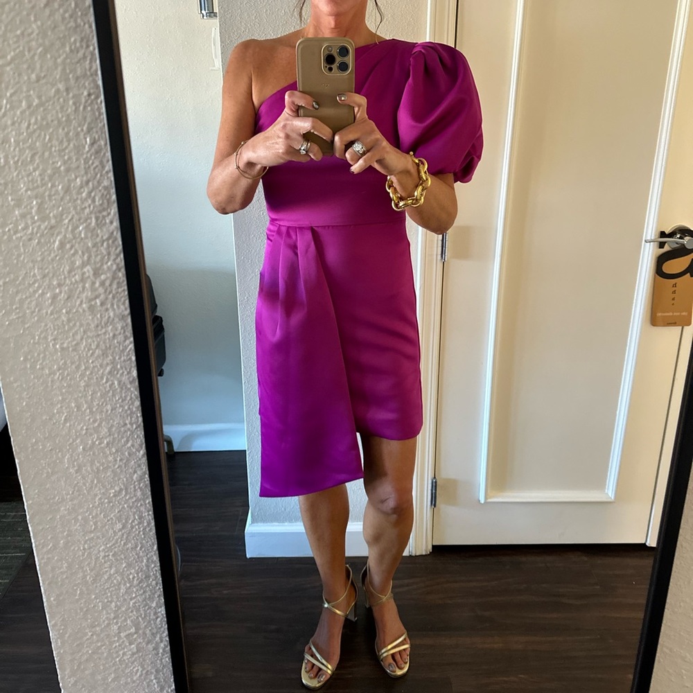 Pink Puff Sleeve One Shoulder Sheath Dress